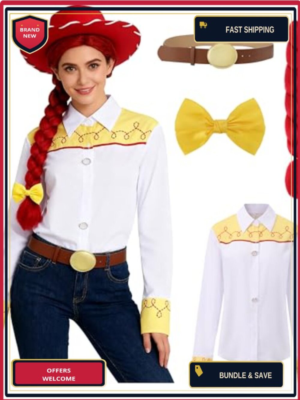 Women's Cowgirl Costume Set Shirt Bowtie Braid Belt Cosplay